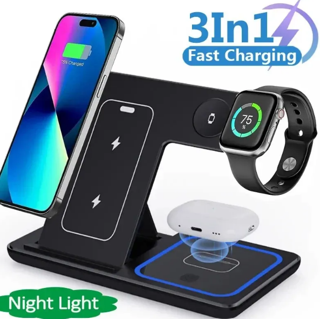 Cargador inalámbrico 3 en 1 plegable con LED, 15 W